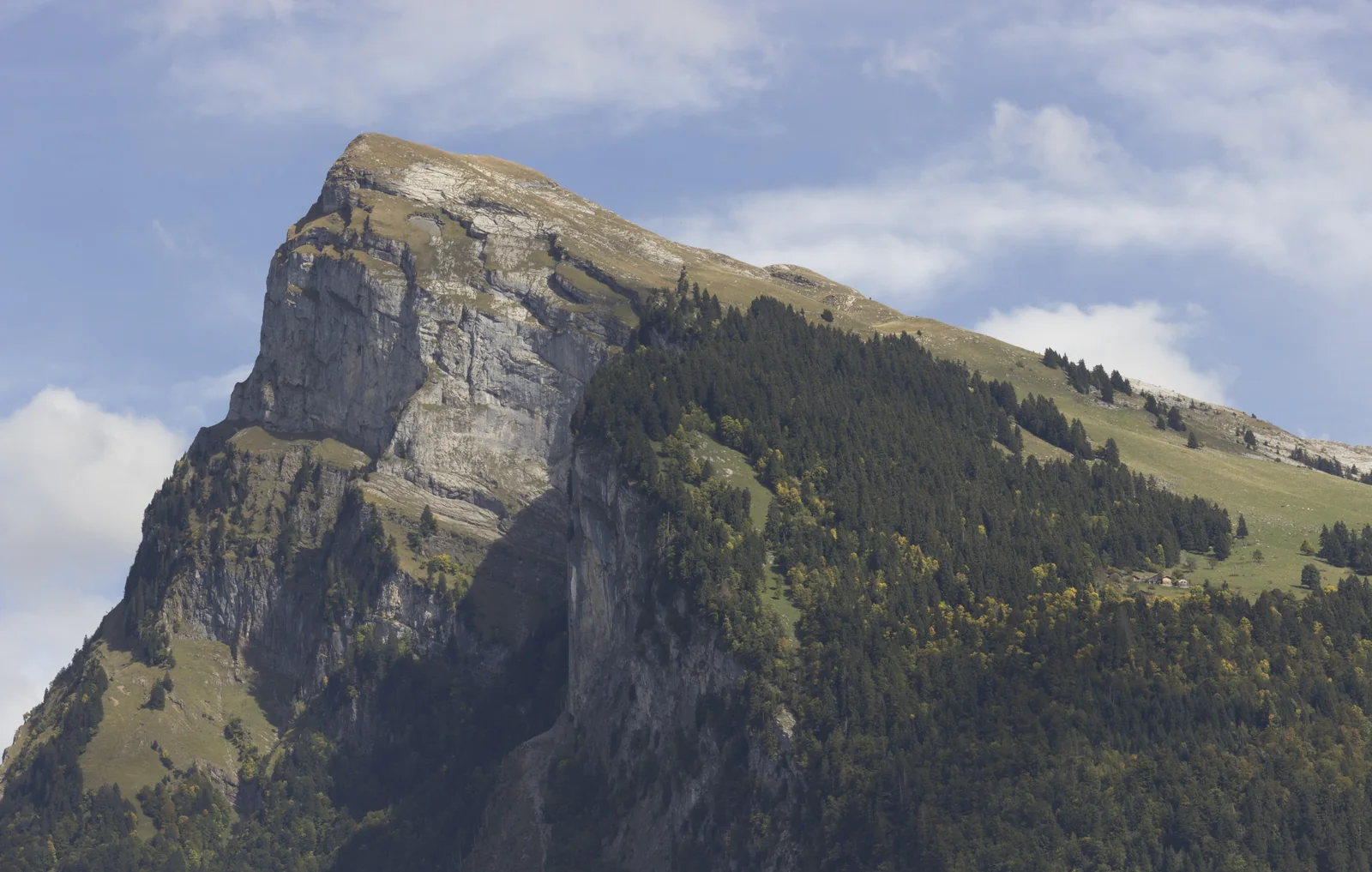 La falaise du Criou et ses versants boisés vus depuis Samoëns en octobre.